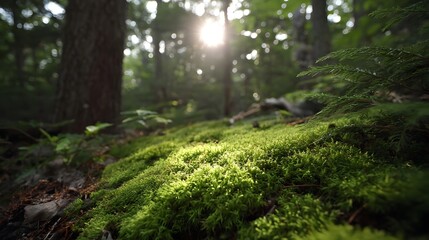 Fototapeta premium Lush green moss covers the forest floor illuminated by soft sunlight filtering through tree canopy