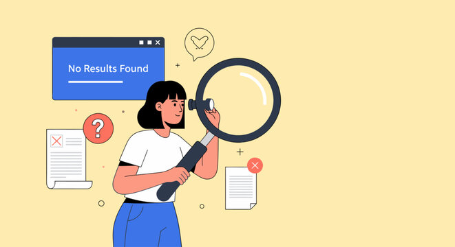 Woman examining search results with magnifying glass, confused expression on her face, standing near computer screen displaying no results found