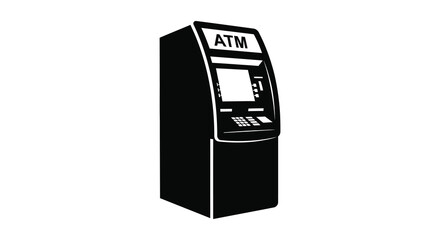 A stark black silhouette of an automated teller machine stands isolated on a pure white background silhouette © Komla02