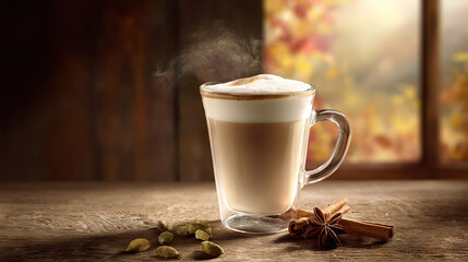 Latte art on a transparent glass cup with cinnamon sticks on a wooden table