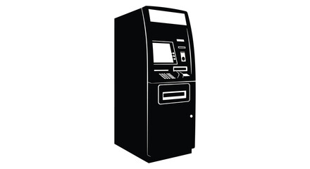 A stark black silhouette of a modern automated teller machine stands isolated on a white background silhouette © Komla02