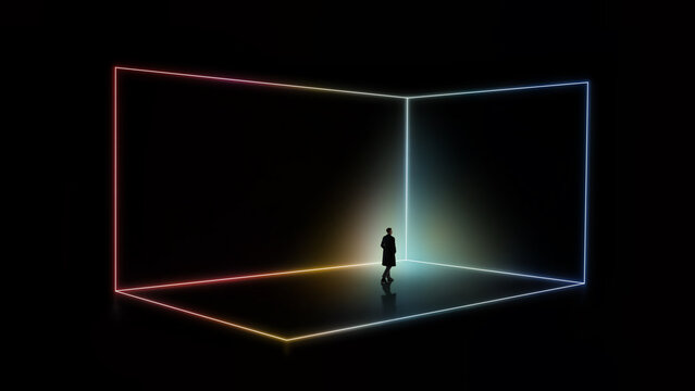 Conceptual poster man standing inside geometric neon light frame. Concept of strategic positioning, decision environment, digital landscape and contemporary corporate vision.