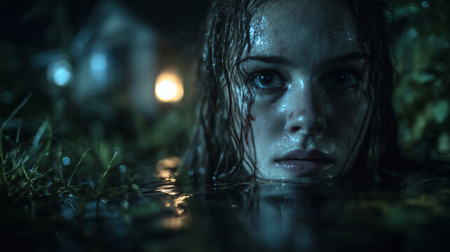 Woman emerging from dark lake water at night close up in swampy forest thriller mystery concept for horror posters book covers and cinematic storytelling