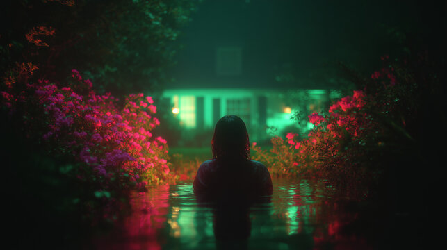 Woman emerging from dark lake water at night near haunted house in foggy forest thriller mystery concept for horror posters book covers and cinematic storytelling