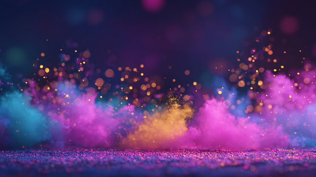 Colorful holi powder explosion with glowing bokeh particles abstract festive background for banners invitations and celebration designs