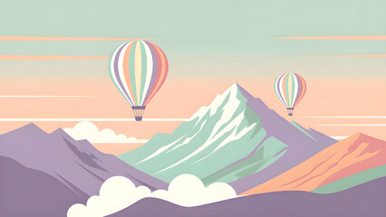 Vector illustration of a hot air balloon flying over summer mountains and a desert landscape under a sunset sky with clouds