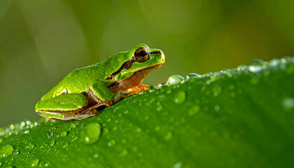 Obraz premium Green tree frog perched on a wet leaf in the soft morning light.