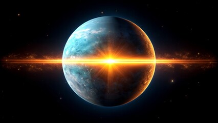 Fototapeta premium Exoplanet with Bright Orange Nebula and Starburst Effect in Deep Space, Cosmic Sci-Fi Concept Art