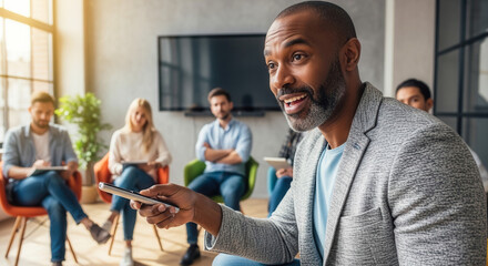 Obraz premium African American man holding presentation remote leading team meeting in office, business leadership and corporate training in workplace