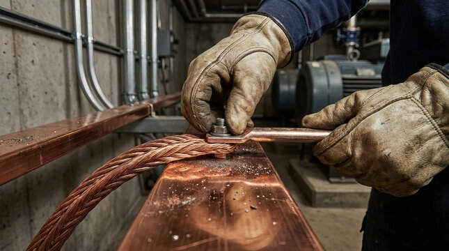 Copper wire electrical grounding worker hands protective gloves industrial setting metal bolt copper busbar electrical installation safety equipment mechanical work