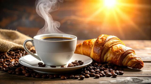 Steaming coffee cup and golden croissant on a rustic wooden table with coffee beans.