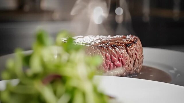 Gourmet Beef Steak with Microgreens and Cherry Tomatoes on White Plate &ndash; Fine Dining Presentation