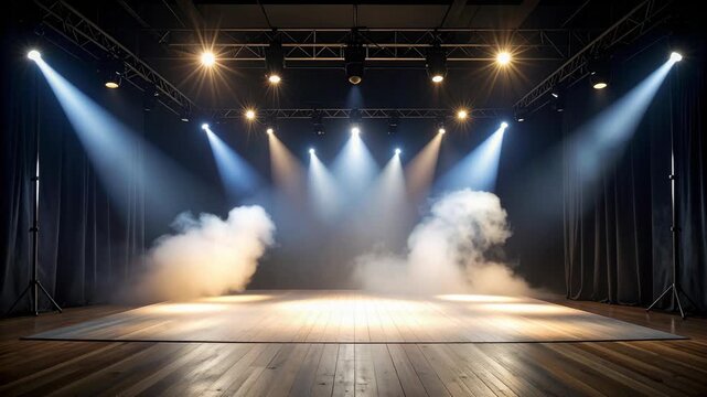 Empty stage with spotlights, smoke, and dark curtains ready for performance