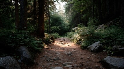 Fototapeta premium A sun d d forest trail winds through tall trees inviting explo n into nature s serene embrace