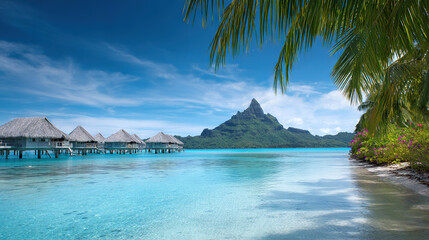 Naklejka premium Overwater bungalows in tropical lagoon with palm trees