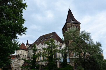 Obraz premium Panoramic view of Vajdahunyad Castle surrounded by park trees