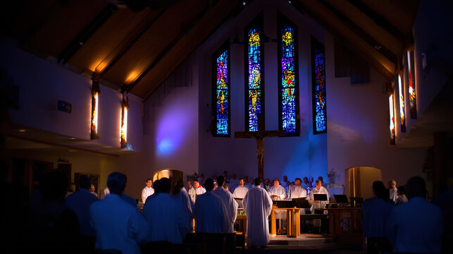 Congregation gathered in a modern church during evening service