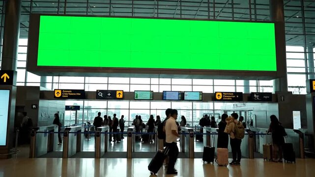 billboard with green screen in the waiting area at the airport with many people passing by