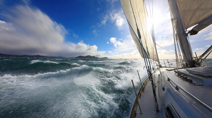 Sailboat Navigating Choppy Waters Under a Blue Sky
