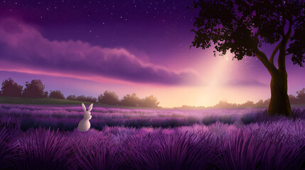Small rabbit in a field of purple grasses at sunset