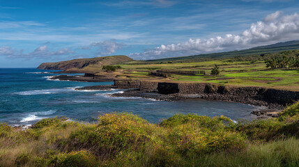 Ancient Stone Wall Along Tropical Shoreline