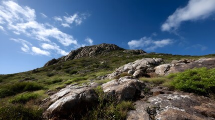 Fototapeta premium Rugged mountain slope covered in green vegetation under a bright blue sky with scattered clouds
