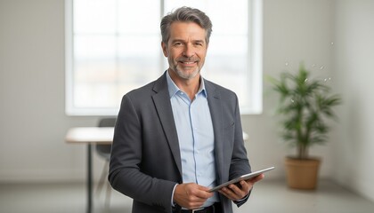 Fototapeta premium Smiling middleaged businessman holding tablet in modern office space with window