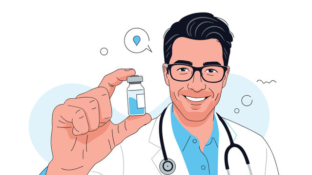 Confident male doctor smiling and holding up a vial of vaccine or medicine, representing immunization, treatment, and medical breakthroughs.