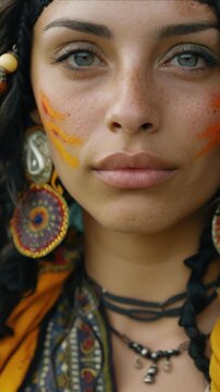A young female Romani is looking at the camera. The nomad wears face paint and jewelry. The vagabond seems like a traveler and bohemian