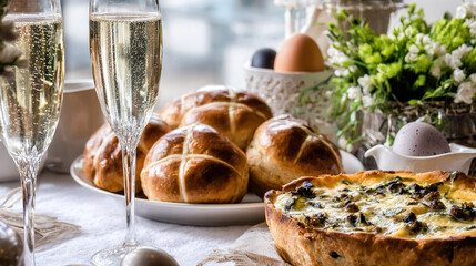 Sparkling wine, bread, and quiche on a rustic table setting