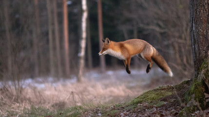 Fototapeta premium Fox leaping through a winter forest landscape