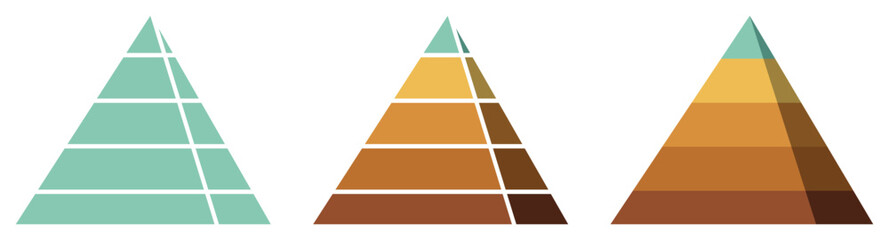 Pyramid diagram set with segmented layers, representing hierarchy, stages, and progressive information flow