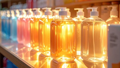 FlyPro Firefly Sealed Large Capacity Hand Sanitizer Jugs on Shelf with Warm Inviting Light