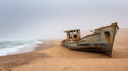 Abandoned boat on sandy beach near ocean