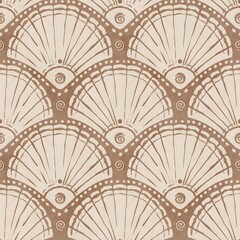 Hand drawn seashell pattern. Beige seashells on brown background with paper texture and watercolour splashes. Hand drawn seamless pattern