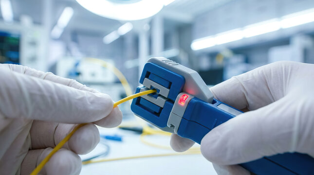 Fiber optic cable cable stripper hand tool gloved hand technology network connection communication precision close up fiber optic yellow cable stripping tool data transmission electronic device