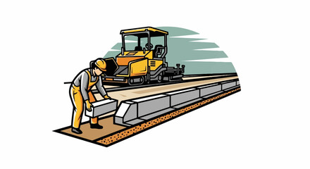 Obraz premium Worker and paver machine laying curbs and asphalt on a construction site