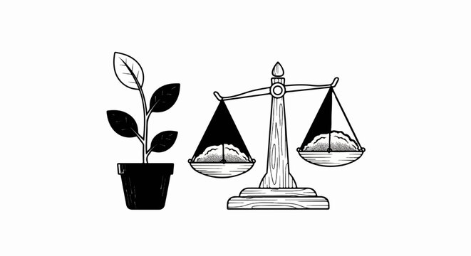A potted plant and scales with dirt, representing balance in nature