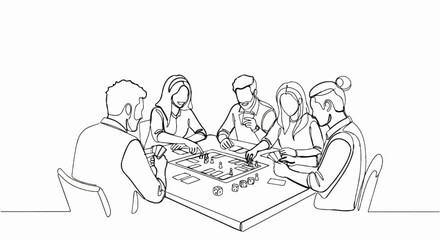 Obraz premium Five people enjoy a board game around a table with dice
