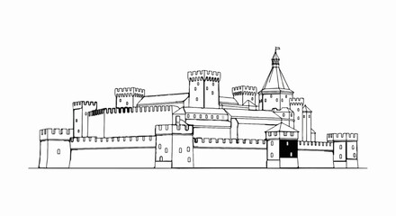 Fototapeta premium Stylized black and white sketch of a large medieval castle with multiple towers and battlements