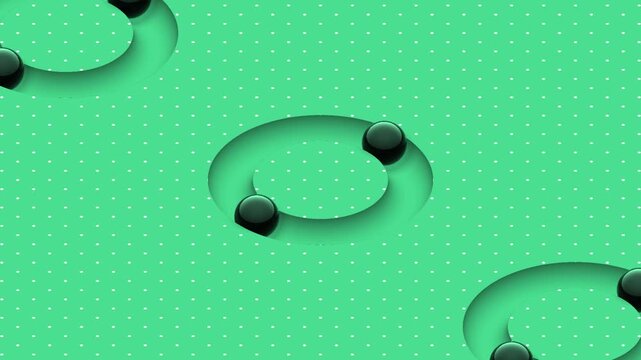 Abstract 3D animation of black spheres rolling on morphing geometric paths on green background