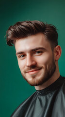 Professional barber providing a stylish haircut - showcasing talent and fashion vertical - green background