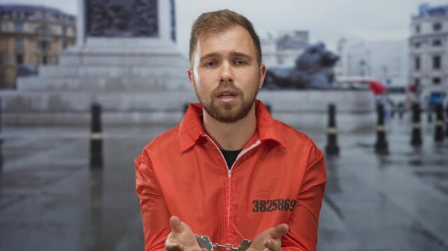 Prisoner man in orange jumpsuit with handcuffed hands held forward on street; remorse apology plea mercy.