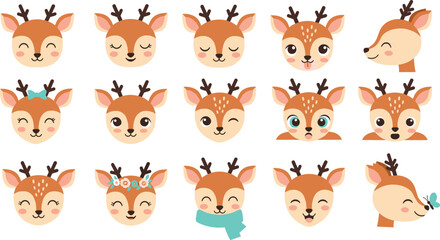 Fototapeta premium Cute Baby Deer Face Emotions Cartoon Vector Collection Kawaii Fawn Head Avatars with Different Expressions for Kids Sticker Design.