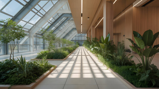 Hallway with greenery, glass ceiling and wood paneling in modern architecture.