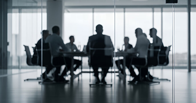 Professional team engaged in strategic discussion inside a sleek office boardroom, surrounded by glass panels and city views, with soft light and motion blur adding dynamic atmosphere.