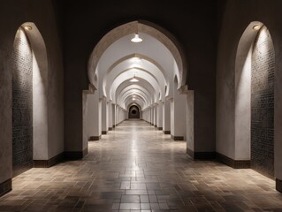 Obraz premium A long hallway with arched ceilings and white walls