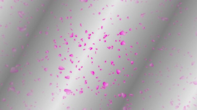 Pink heart shapes being lit up and falling down on silver gradient moving background. Abstract background for Happy Valentine's day and wedding ceremony.