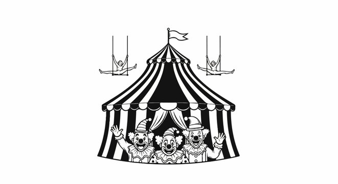 Three clowns stand before a striped tent, two acrobats swing above