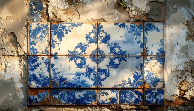 FlyPro Firefly Ceramic Tile with Delft Blue Patterns and Fine Crackling on Rough Plaster Wall